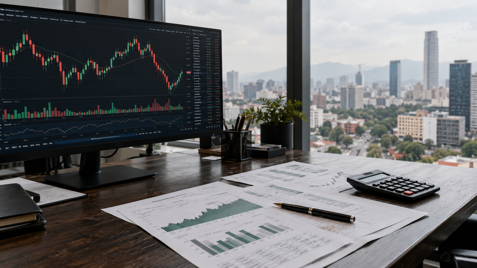 Computadora con un gráfico ilustrativo de cotizaciones y documentos de análisis financiero